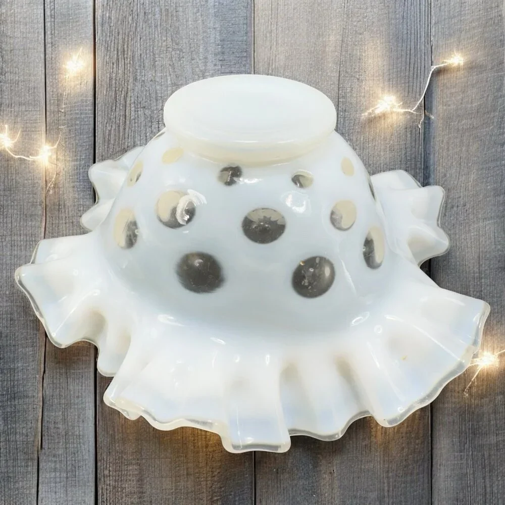 Fenton White Opalescent‎ Clear Coin Dot Ruffled Edge Glass Bowl Dish Vintage